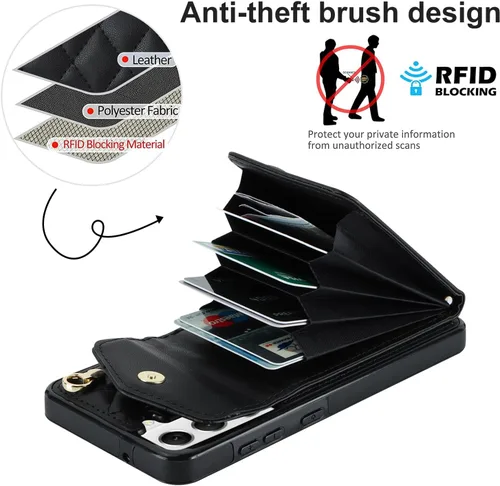 Vista 4 de Asuwish Funda de teléfono para Samsung Galaxy S21 FE 5G con protector de pantalla de vidrio templado y anillo cruzado con bloqueo RFID, tarjetero