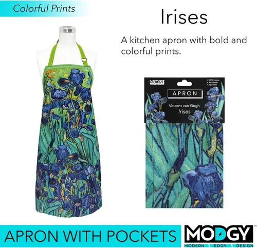 Vista 2 de MODGY Delantal con bolsillos para mujer, algodón, hornear, cocinar, Van Gogh Irises