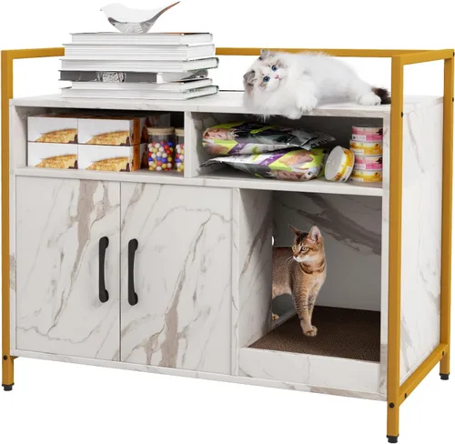 Vista 12 de Giantex Recinto de Caja de Arena para Gatos - Mueble Oculto para Baño de Gatos con Entrada Frontal, Rascador, Armario de Almacenamiento de 2