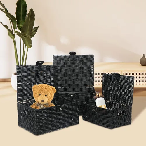 Vista 8 de Honygebia - Canastas de almacenamiento de mimbre negro - Juego de 3 cajas decorativas anidadas con tapas, canasta tejida con cerradura y asa
