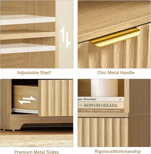 Vista 11 de TEENFON Estantería de 63.3 pulgadas de alto, estanterías y estanterías con cajones, estantería de diseño arqueado con gabinete de almacenamiento