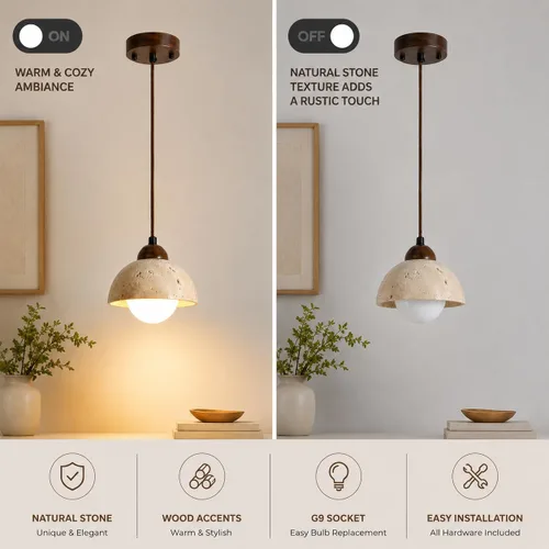 Vista 7 de Lámpara colgante de travertino natural con globo de vidrio esmerilado, moderna lámpara colgante Wabi Sabi para isla de cocina, comedor, dormitorio