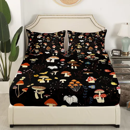 Vista 4 de Erosebridal Juego de sábanas de hongos para cama individual, diseño de hongos de dibujos animados, diseño de mariposas kawaii, plantas botánicas