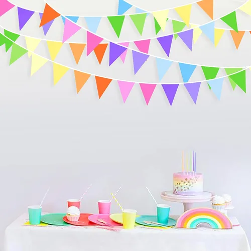 Vista 3 de Kit de decoración de fiesta de arcoíris de 32 pies de tela colorida triangular, banderines de banderines de algodón para cumpleaños, boda, baby