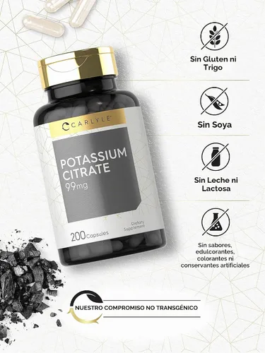 Vista 4 de Carlyle Citrato de Potasio 99mg 200 Cápsulas Suplemento sin OMG y sin gluten