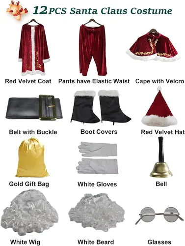 Vista 4 de ACH Disfraz de Papá Noel para hombre, 12 piezas de terciopelo de lujo, conjunto de cosplay de Navidad