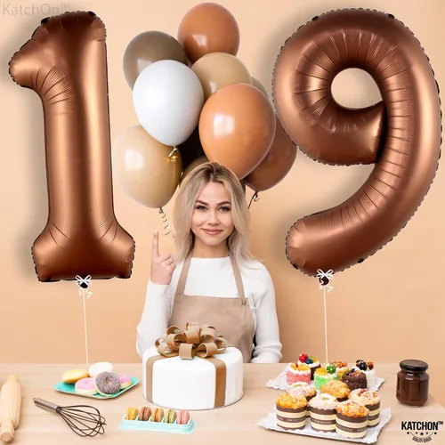 Vista 8 de Katchon Globos gigantes de papel de aluminio con el número 19 de color marrón de 40 pulgadas Decoraciones de cumpleaños 19