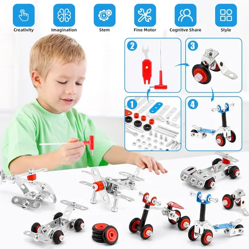 Vista 3 de BESTYMXY Juego de modelos de metal para autos y aviones, modelo de kit de construcción, 231 piezas, 6 modelos, juguetes de construcción de proyectos