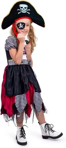 Vista 2 de Dress Up America Disfraz de pirata para niños, disfraz de pirata bucanero para niñas, vestido, sombrero y parche en los ojos