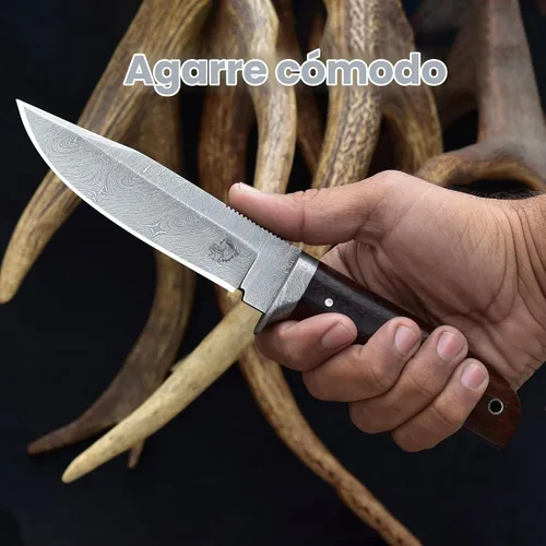 Vista 6 de Knives Ranch Cuchillo de Caza Artesanal de 9-1/2"- Cuchillo de Bushcraft y Campamento de Acero Damasco con Espiga Completa- Mango de Palisandro