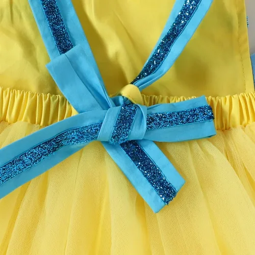 Vista 5 de AWIBMK Disfraz de platija para niñas pequeñas, color amarillo brillante, tutú de lentejuelas con diadema, disfraz de sirena para Halloween, cosplay