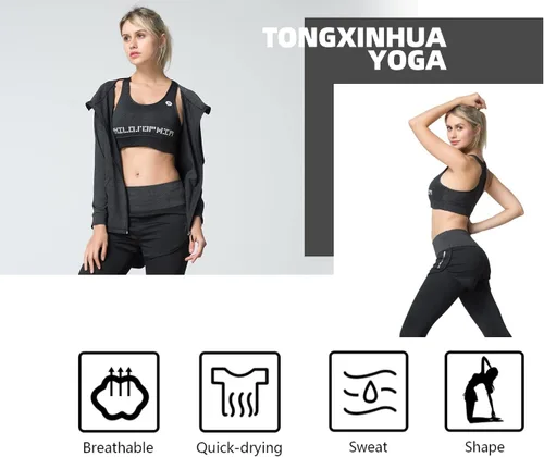 Vista 4 de TONGXinHUA - Conjunto de 5 piezas de entrenamiento para mujer, trajes deportivos para hacer yoga, bailar, fitness