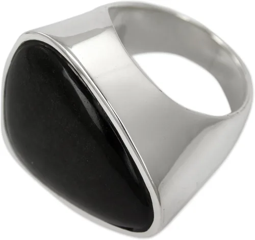 Vista 4 de NOVICA Obsidian Plata de ley 925. Cóctel Anillo "asimétrico Negro