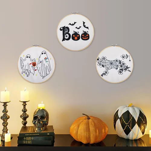 Vista 7 de Kit de bordado de Halloween para adultos principiantes, kit de punto de cruz estampado para adultos principiantes, kit de inicio de bordado a mano