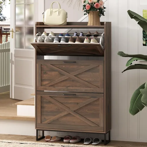 Vista 8 de Maupvit Gabinete de almacenamiento para zapatos con 2 cajones abatibles, organizador independiente con patas de metal para entrada, gabinete Beige
