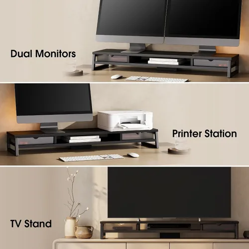 Vista 6 de Fenge Soporte de monitor doble, elevador de monitor con cajón, soporte de monitor de computadora grande de 42.5 pulgadas para 2 monitores, estante
