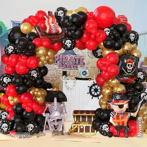 Vista 5 de Decoraciones de fiesta de cumpleaños pirata, 142 piezas de guirnalda de globos dorados metálicos rojos, negros, kit de arco de arco de globos