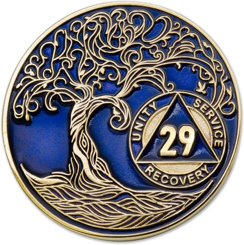 Vista 122 de 1 año Sobriety Mint Twisted Tree of Life Medallón de recuperación AA chapado en oro, chip/ficha - negro