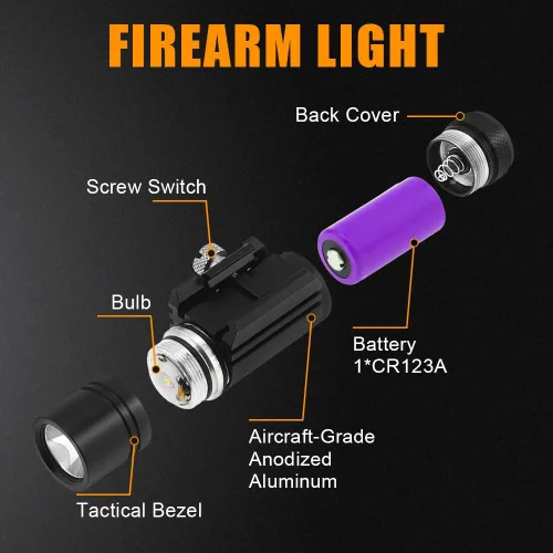 Vista 8 de Mini luz de rifle de 320 lm, montaje Picatinny/Mlok, 1 unidad Includes Battery, Compact Design Fits 1913 Standard Guide Rail . Durable Aluminum