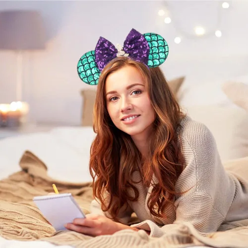 Vista 6 de Foeran Diademas de orejas de ratón, lazos brillantes, orejas de ratón con purpurina, decoración de princesa, disfraz de cosplay para niñas y mujeres