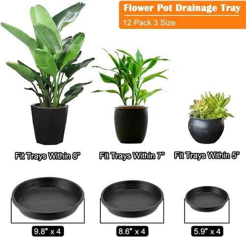 Vista 5 de BamLue Paquete de 12 platillos gruesos mejorados para plantas, 6, 8, 10 pulgadas, platos redondos de plástico para plantas de jardín