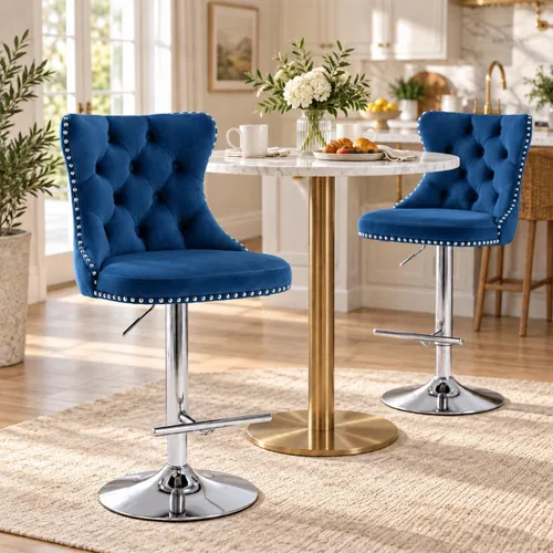 Vista 11 de Taburete de bar moderno giratorio de altura de pub, silla de comedor alta con asiento de terciopelo, respaldo, taburete hidráulico sin brazos Negro