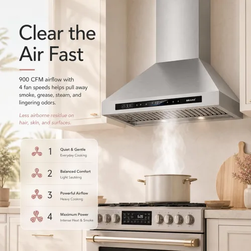 Vista 4 de Brano Range Hood 30 Inch Wall Mount, 900 CFM Ducted/Ductless Convertible, 4-Speed Stainless Steel Vent Hood, Voice Gesture Touch Control Panel