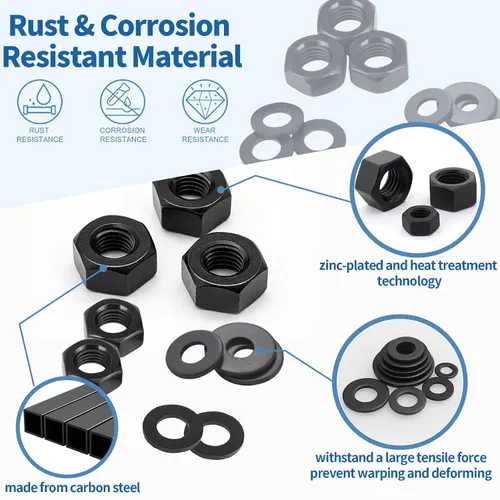 Vista 3 de Kit surtido de 320 tuercas de seguridad negras, arandelas planas M3 M4 M5 M6 M8 M10 M12 inserción de nailon de acero al carbono tuercas