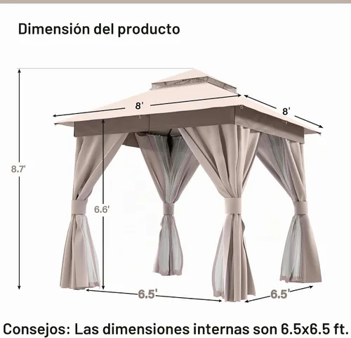 Vista 2 de LAUSAINT HOME - Cenador para exteriores de 8 x 8 pulgadas con cortinas Caqui