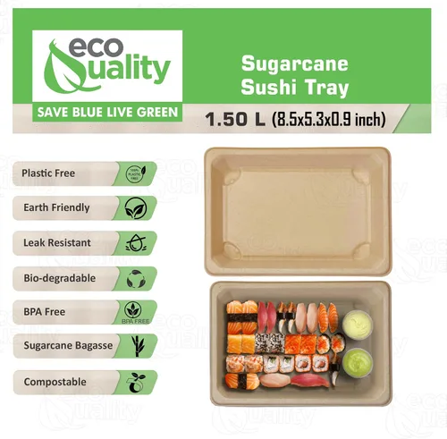 Vista 2 de Bandejas de sushi compostables XL - Contenedor de sushi para llevar bagazo de caña de azúcar natural - Biodegradable, plato de sushi desechable
