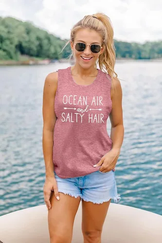 Vista 4 de Camiseta sin mangas de playa para mujer, diseño de mar y aire salado, divertido crucero de verano, sin mangas, para vacaciones familiares