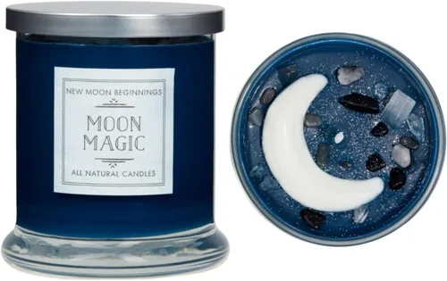 Vista 3 de New Moon Beginnings Vela Crescent Moon - Vela en tarro de cristal - Aroma cálido, picante, amaderado - Azul - Estilo moderno - Tema de luna - Para