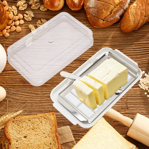 Vista 3 de Caja cortadora de mantequilla de acero inoxidable, recipiente para mantequilla con cubierta transparente, suministros de cocina
