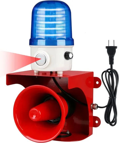Vista 10 de Alarma con sensor de movimiento AC110V con detección humana, sirena ajustable de 120 dB y luces estroboscópicas LED ámbar, alarma de seguridad al