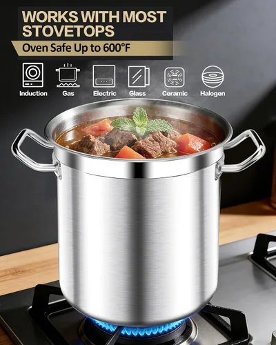 Vista 5 de STOCKPOT Olla de sopa de 20 cuartos de galón con tapa, olla de acero inoxidable, olla de cocina resistente para sopa, pasta, guiso, apta