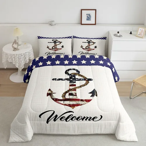 Vista 38 de Juego de edredón Lake House tamaño Twin, juego de ropa de cama náutica de navegación con ancla de 2 piezas para decoración de habitación de niños
