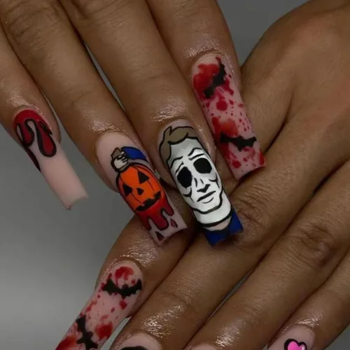 Vista 13 de Uñas postizas largas a presión para Halloween, uñas postizas largas en forma de ataúd, negro y rojo, brillantes, diseño de gota de sangre de terror