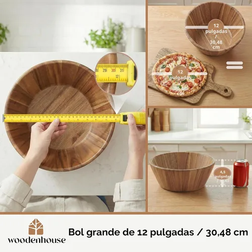 Vista 2 de Woodenhouse Tazón de ensalada de madera, tazón para ensalada, tazón de madera - 12" Diseño redondo, tazón de frutas hecho a mano, duradero