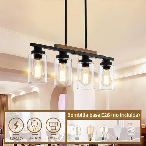 Vista 3 de Lámpara de comedor sobre mesa, iluminación de isla de cocina de 4 luces, modernos candelabros de madera para comedor con altura ajustable, luces