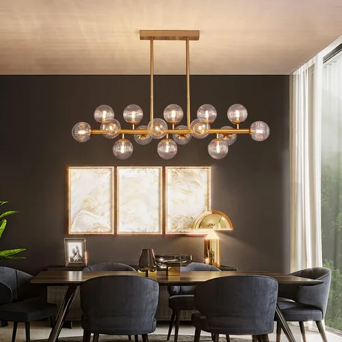 Vista 3 de Siljoy Moderno candelabro de cristal de burbujas dorado semi empotrado de cristal transparente para sala de estar, comedor, cocina, isla de longitud