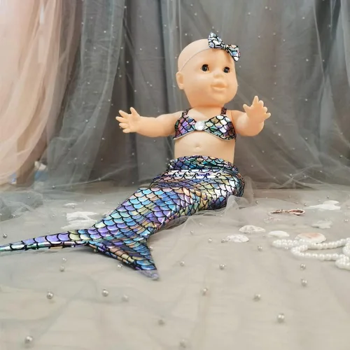 Vista 4 de Disfraz de sirena recién nacida para fotos de bebé, diadema de fotografía, brasier de cola de sirena para bebés y niñas de 3 a 6 meses