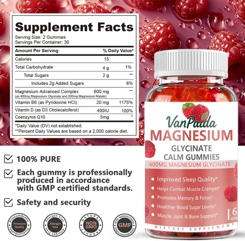 Vista 4 de Glicinato de magnesio 400 mg Gomitas, complejo de magnesio de alta absorción para mujeres, niños, adultos, ayuda para dormir, calma, relajación