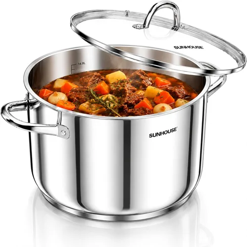 Vista 17 de SUNHOUSE - Olla de acero inoxidable de tres capas de 3.4 cuartos de galón, olla de cocina de pasta con tapa visible para sopa, verduras, utensilios
