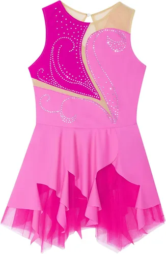 Vista 5 de YiZYiF Vestido de patinaje sobre hielo sin mangas con diamantes de imitación para niñas y niñas, vestido de baile de patinaje sobre ruedas, disfraz