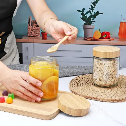 Vista 9 de Tarros de vidrio de 16 onzas con tapas, recipientes de avena nocturna con tapas de bambú, frascos Mason de vidrio de boca ancha, recipientes
