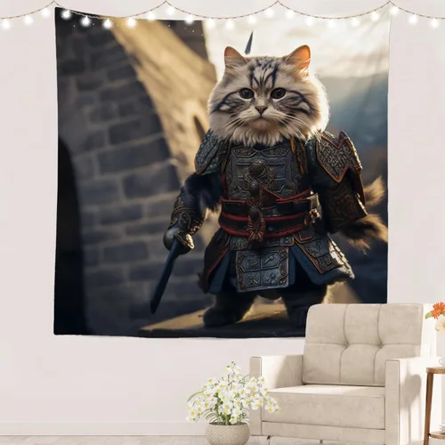 Vista 37 de Batmerry Cat In Armor Polyester Tapestry, Cat Armor Sword Warrior Battle Shield Lightweight Wall Hanging High-Definition Print Backdrop For Dorm
