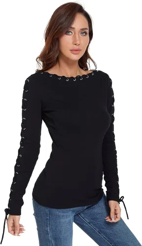 Vista 4 de AmélieBoutik Blusa de manga larga con ribete de encaje para mujer