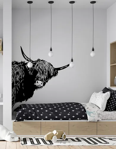 Vista 4 de Calcomanía de pared de vaca escocesa de las tierras altas, estilo granja, decoración del hogar de granja, vaca divertida. Decoración de cocina