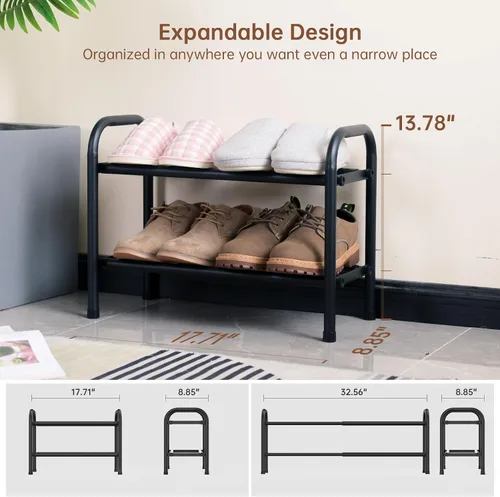 Vista 4 de Gonfoam Zapatero expandible de 2 niveles, estante ajustable para zapatos, organizador de almacenamiento de metal resistente, zapatero de pie