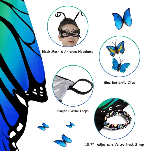 Vista 5 de Tibeha Halloween Butterfly Costume for Girls - Double-Sided Printing Wings Kids Cape with Mask, Antenna Headband, Hair Clips